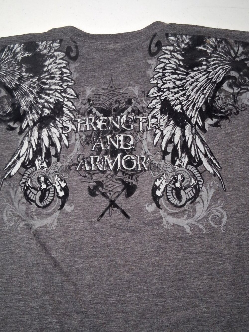 The Raw Uncut Shirt Men Medium Y2K Tattoo Print Angel Wings Strength And Armor
